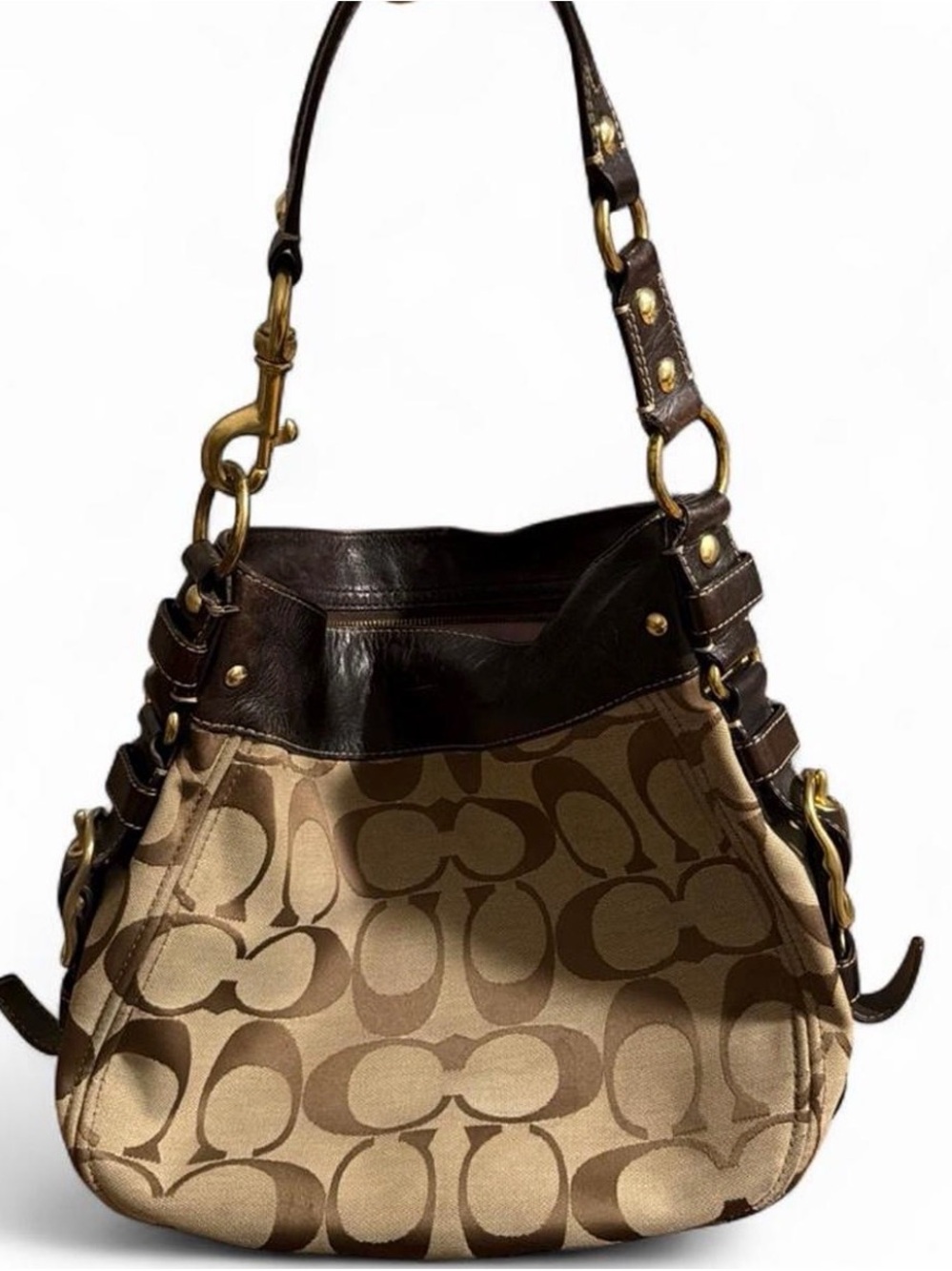 Coach Signature Canvas Shoulder Bag in Brown and Dark Brown